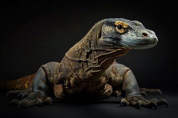 Obraz premium Mystic portrait of Komodo Dragon, full body view, isolated on black background