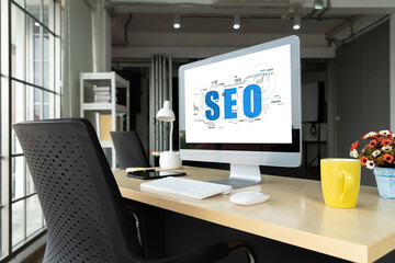 SEO search engine optimization for modish e-commerce and online retail business showing on computer...
