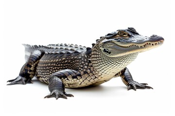 the beside view American Alligator, left side view, white copy space on right, dutch angle view, isolated on white background