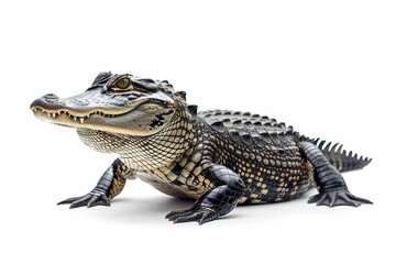 Naklejka premium the beside view American Alligator, left side view, white copy space on right, dutch angle view, isolated on white background
