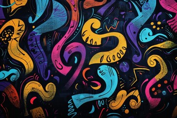 Vibrant abstract art with swirling shapes and patterns in bright colors on a dark background. Psychedelic design with fluid forms.