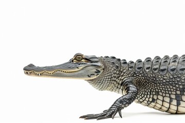 Fototapeta premium the beside view Gharial, left side view, white copy space on right, dutch angle view, isolated on white background