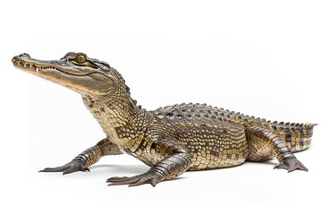 Fototapeta premium the beside view Gharial, left side view, white copy space on right, dutch angle view, isolated on white background