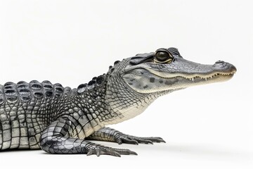 Fototapeta premium the beside view Gharial, left side view, white copy space on right, dutch angle view, isolated on white background