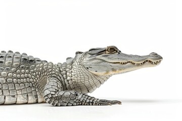 Fototapeta premium widok z boku Gharial, widok z lewej strony, biała przestrzeń kopii po prawej stronie, widok z holenderskiego kąta, izolowany na białym tle