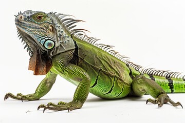 Obraz premium the beside view Green Iguana, left side view, white copy space on right, dutch angle view, isolated on white background