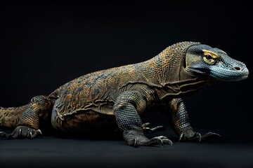 Obraz premium the beside view Komodo Dragon, left side view, white copy space on right, isolated on black background