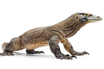 Obraz premium the beside view Komodo Dragon, left side view, white copy space on right, dutch angle view, isolated on white background