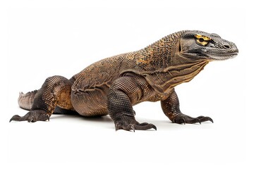 Obraz premium the beside view Komodo Dragon, left side view, white copy space on right, dutch angle view, isolated on white background