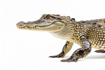 Fototapeta premium the beside view Nile Crocodile, left side view, white copy space on right, dutch angle view, isolated on white background