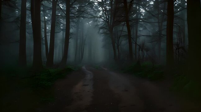 Scary dark forest at night foggy with heavy rain