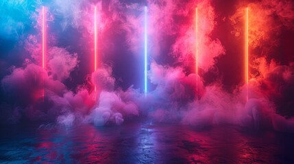 A background of an empty wall, a ray of light in the basement, smoke, neon lights.