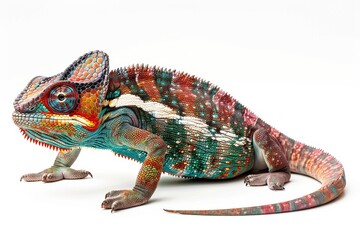 Obraz premium the beside view Panther Chameleon, left side view, white copy space on right, dutch angle view, isolated on white background