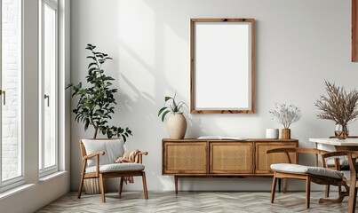 Bright dining room with a mockup frame on the buffet