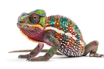 Obraz premium the beside view Panther Chameleon, left side view, white copy space on right, dutch angle view, isolated on white background