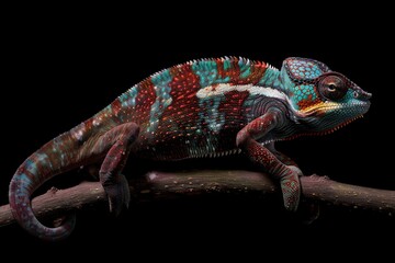 Fototapeta premium the beside view Panther Chameleon, left side view, white copy space on right, isolated on black background