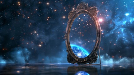 There is a dark forest and a magic mirror displaying night views of smoke, smog, neon lights, and the moon in this dark fantasy mystical landscape.