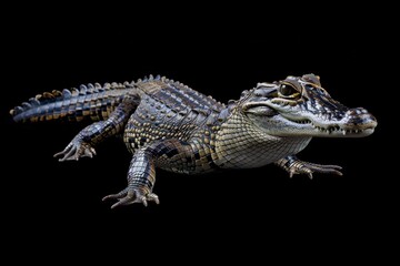 Naklejka premium the beside view Saltwater Crocodile, left side view, white copy space on right, isolated on black background