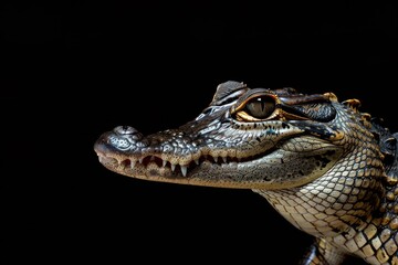 Obraz premium the beside view Saltwater Crocodile, left side view, white copy space on right, isolated on black background