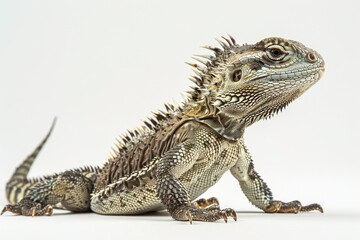 Obraz premium the beside view Tuatara, left side view, white copy space on right, dutch angle view, isolated on white background