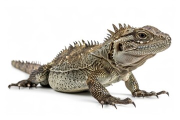 Fototapeta premium the beside view Tuatara, left side view, white copy space on right, dutch angle view, isolated on white background