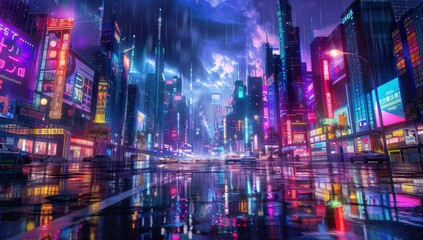 Obraz premium An imaginary city with blue and orange tinted lights, neon lights, and an atmospheric feel.