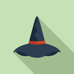 Fototapeta premium Black witch hat with a red ribbon is casting a long shadow on a green background