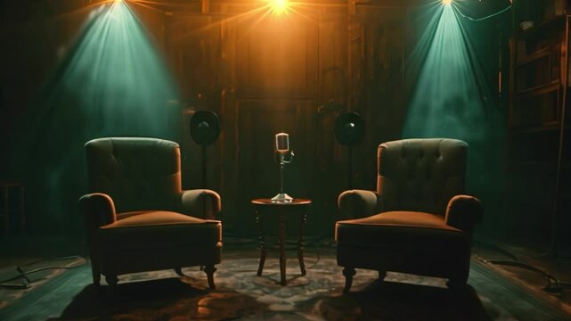 This dimly lit room with two armchairs facing a vintage microphone.