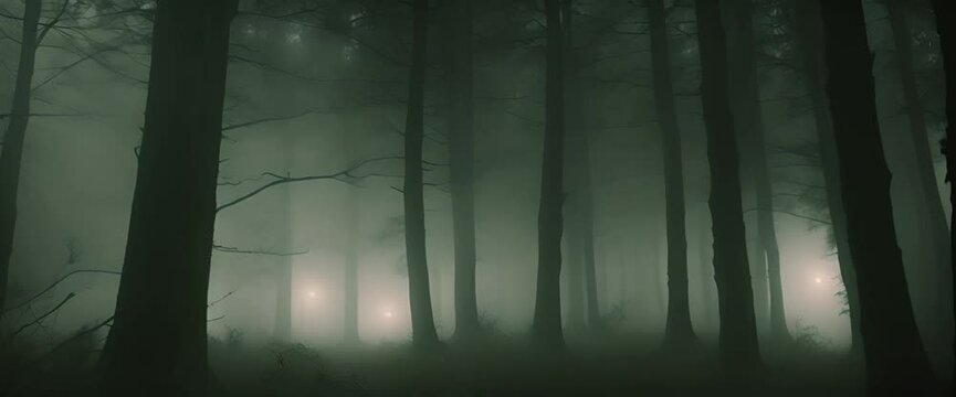Scary dark forest at night foggy with heavy rain