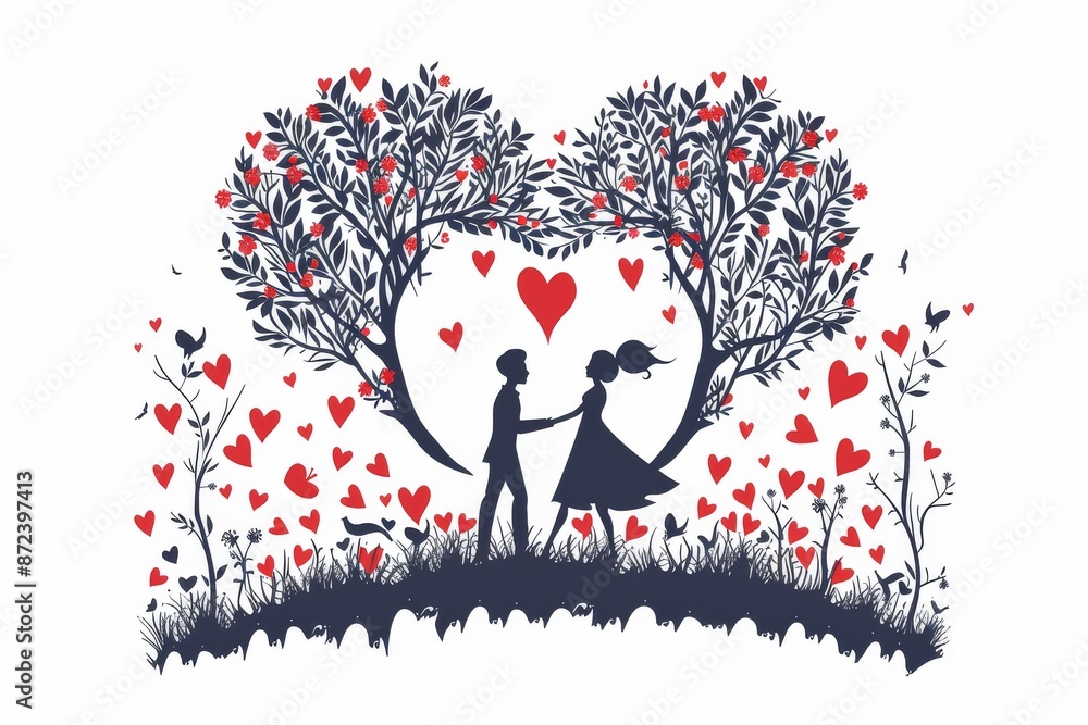 Sticker Heartwarming illustration of a couple under a tree with hearts symbolizing love and nature in a charming artistic design