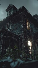 Abandoned haunted house in the middle of the forest surrounded by fog at midnight. Halloween scene.