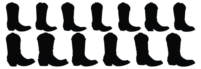 Cowboy Boot silhouettes set, pack of vector silhouette design, isolated background