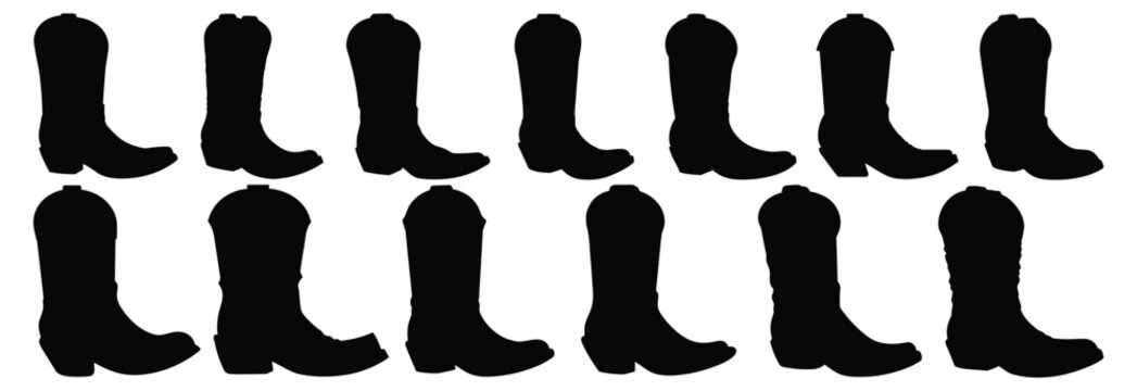 Cowboy Boot silhouettes set, pack of vector silhouette design, isolated background