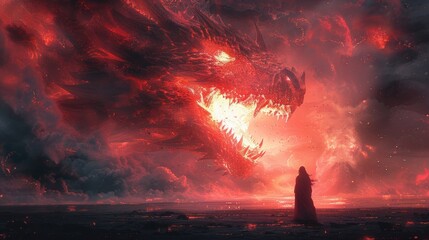 This fantasy scene depicts the girl fighting the fire dragon in a digital style. It is an illustration painting.