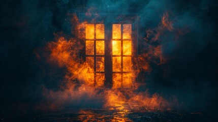Fototapeta premium Doors at night. Abstract light. Night view, magic fantasy, smoke, smog, neon. Dark forest. Abstract dark background. Old wooden doors.