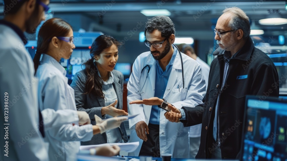 Poster scientists collaborating with ai robots in high-tech laboratory, researching artificial intelligence