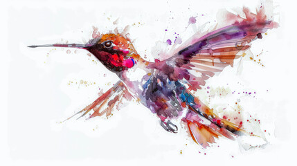 A portrait of a cute adorable blue hummingbird in a watercolor illustration.