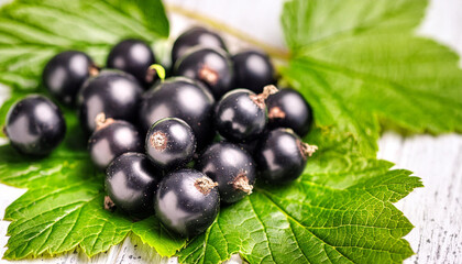 Currant. Berries of blackcurrant closeup on a background with leaves