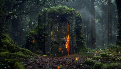 Fototapeta premium An ancient magic stone gate shows another dimension in this fantasy scene with a portal archway covered in creepers. Digital art, 3D illustration.