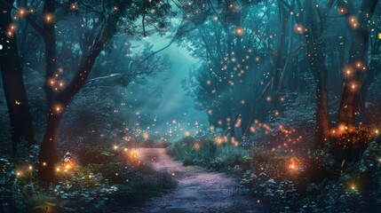 The glowing lights of a gloomy fantasy forest at night