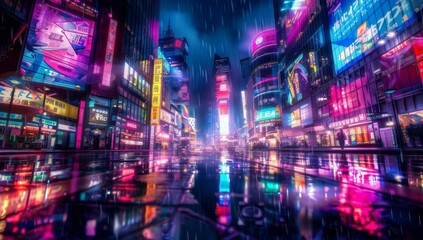 Naklejka premium In a fantasy city, streets with neon lights, a cinematic atmosphere, and blue and orange light tints.