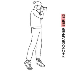  Linear Hand-Drawn Vector of Photographer Standing on Tiptoes. Photographer series