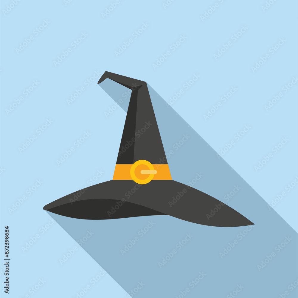 Sticker Black witch hat with orange band casting a long shadow on blue background