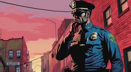 Naklejka premium A comic book-style vector illustration depicting a police officer patrolling the street.