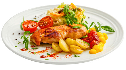 Fototapeta premium Grilled chicken meat, potatoes, tomato and green salad vegetables on a plate isolated on transparent background. Restaurant lunch or dinner meal, delicious gourmet cuisine