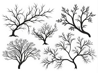 Minimalist vector set of black tree branch silhouettes isolated on a clean white background, perfect for nature-inspired designs and illustrations.