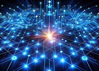 Fototapeta premium Glittering neon blue fibers and circuits radiate from a central hub, forming a complex network of pulsing nodes and connections in a dark, high-tech environment.