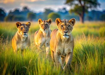 Majestic lionesses stroll through the lush, long green grass of Okavango Delta in Botswana, their regal presence unrivaled in the serene morning landscape of the African savannah.