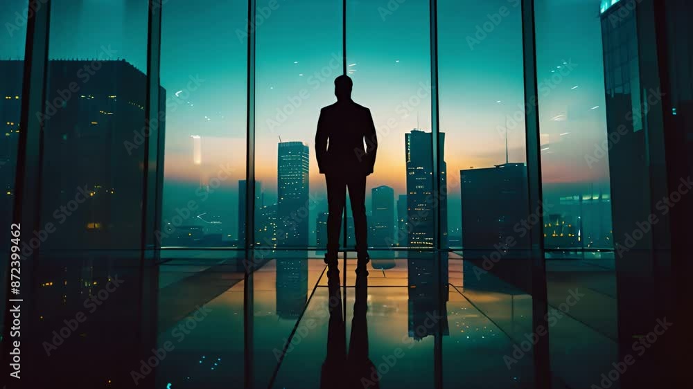 Poster a silhouette of a man standing in a modern office building, looking out a window at a cityscape. the