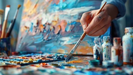 People expressing themselves doing art during an art therapy workshop, with paints, brushes, canvases. Therapeutic benefits of creativity and self-expression in mental health and emotional well-being